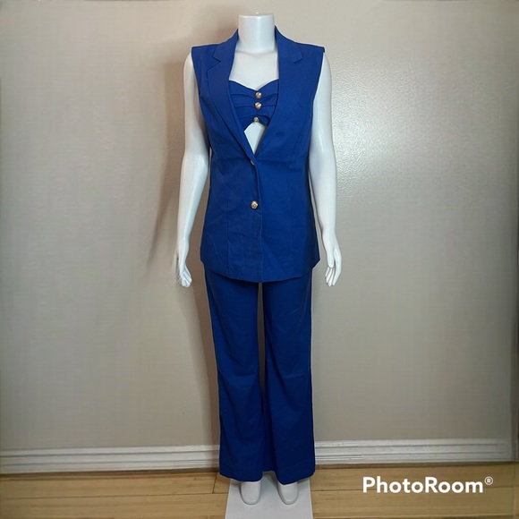 Royal blue three-piece-set vest bandeau top and straight leg pants